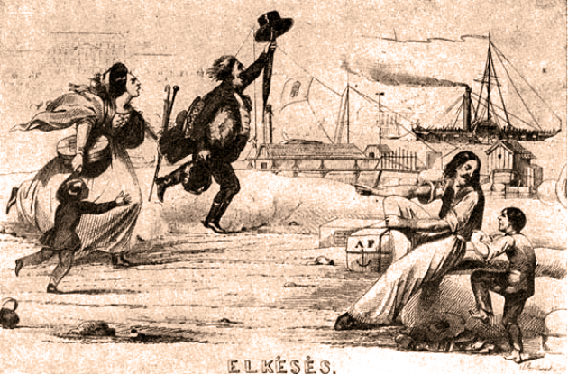 gőzhajó indulása a Dunán, tréfás kép 1845-ből (Forrás: OSZK)