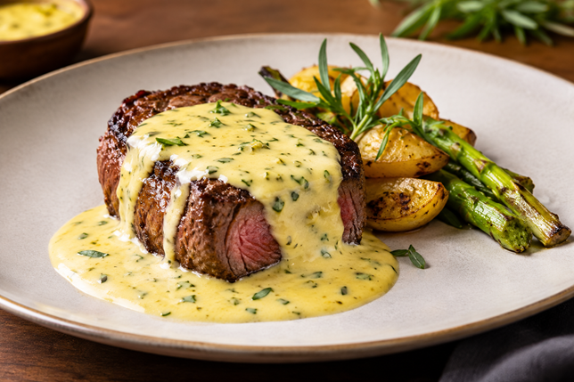 Bélszínjava, steak Béarnaise mártással, spárgával és burgonyával (Fotó: Cultura.hu/ai-generated)