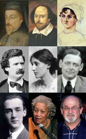 Geoffrey Chaucer, William Shakespeare, Jane Austen, Mark Twain, Virginia Woolf, T. S. Eliot, Vladimir Nabokov, Toni Morrison, Salman Rushdie (Forrás: Wikipédia)