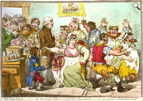 karikatúra Edward Jenner munkájáról, 1802 (Fotó: Wikimédia)