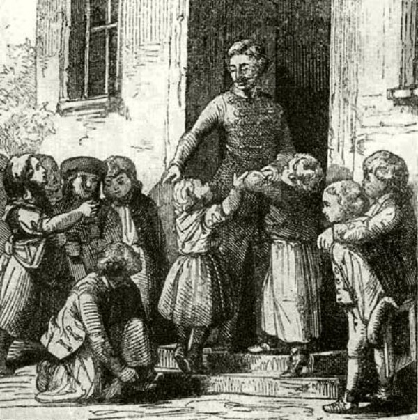 Iskolába menő gyermeksereg. Fametszet 1856-ból (Fotó: MEK/OSZK)