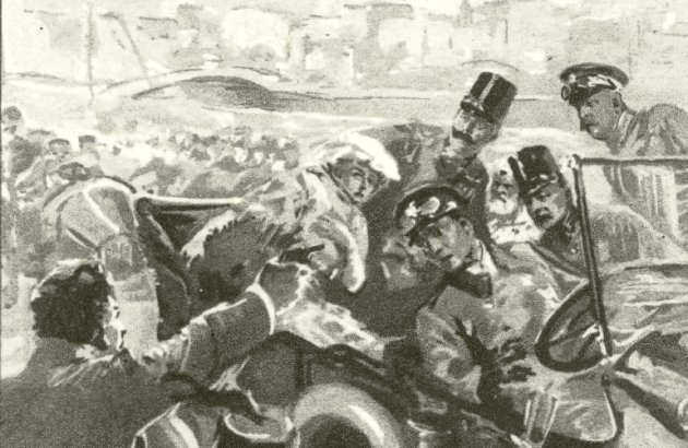 Felix Schwormstädt: Ferenc Ferdinánd és hitvese merénylete Szarajevo 1914. június 29. (Fotó: OSZK)