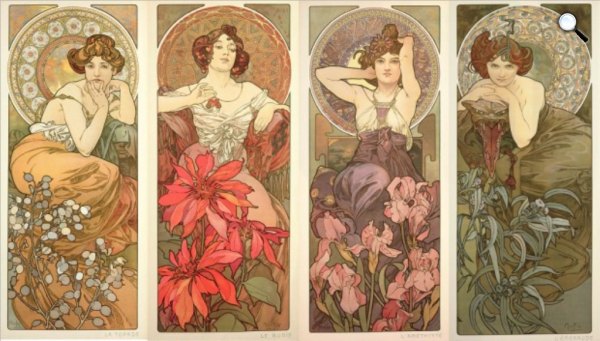 Alfons Mucha: Drágakövek: Topáz, Rubin, Ametiszt, Smaragd, 1900 (Fotó: Wikimédia)