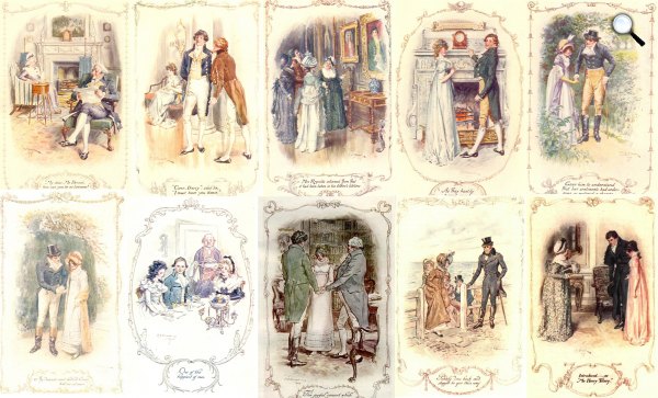 C.E Brock - Jane Austen - fent: Büszkeség és balítélet, lent: Emma, Értelem és érzelem, Mansfield Park, Meggyőző érvek, A klastrom titka (Forrás: mollands.net)