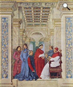 IV. Sixtus a Vatikáni Könyvtár vezetőjének nevezi ki Platinát Melozzo da Forlì freskóján, 1477 (Fotó: Wikimédia)