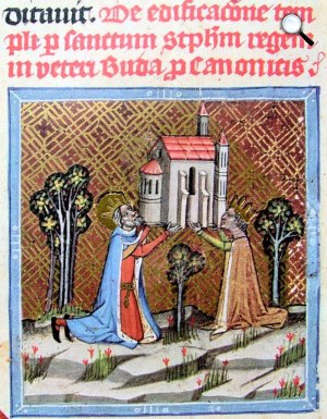 Chronicon Pictum P042 Óbudai templom alapítása, István és Gizella megalapítja az óbudai Péter-Pál templomot (miniatúra a Képes krónikából)