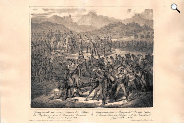 Görgey Artúr Világosnál leteszi a fegyvert 1849. augusztus 13-án, litográfia (Fotó: OSZK)