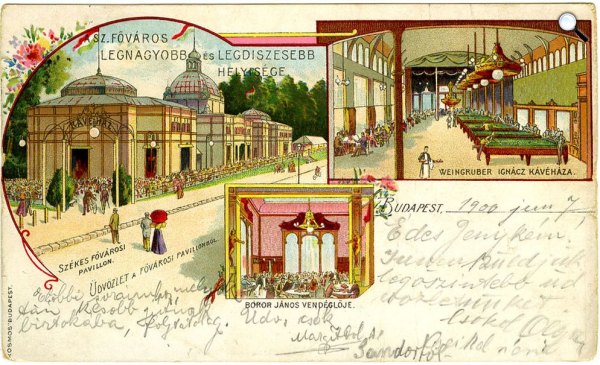 Postai képes levelezőlap az 1896-os millenniumi ünnepségek alkalmából, a Városligetben épült Székes Fővárosi Pavilon látképével (Fotó: Wikipédia)