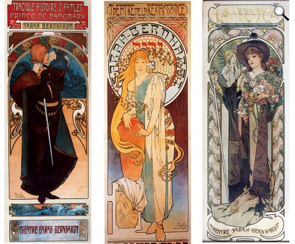 Alfons Mucha: Hamlet (1899), Samaritaine (1897), Tosca (1899) - ) Sarah Bernhardt  (Fotók: Wikimédia)