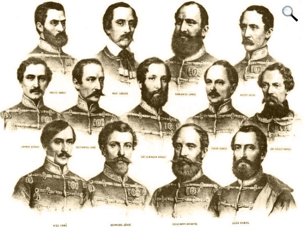 Az aradi vértanúk, Barabás Miklós litográfiáján Knezić Károly, Nagysándor József, Damjanich János, Aulich Lajos, Lahner György, Poeltenberg Ernő, Leiningen-Westerburg Károly, Török Ignác, Vécsey Károly, Kiss Ernő, Schweidel József, Dessewffy Arisztid, Lázár Vilmos (1850. január 1.)