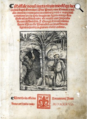 Pálos misekönyv címlapja, Remete Szt. Antal és Remete Szt. Pál találkozása, 1537 (Fotó: OSzK)