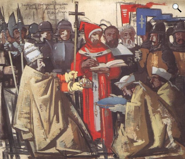 Aba-Novák Vilmos:  II. Szilveszter pápa Asztrikkal elküldi a Szent koronát Szent Istvánnak, 1938