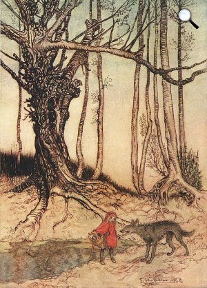 Jacob és Wilhelm Grimm - Arthur Rackham: Piroska és a farkas, 1909