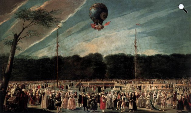 Antonio Carnicero Mancio: Ascent of the Monsieur Bouclé\'s Montgolfier Balloon in the Gardens of Aranjuez, 1784 (Fotó: Wikiart)