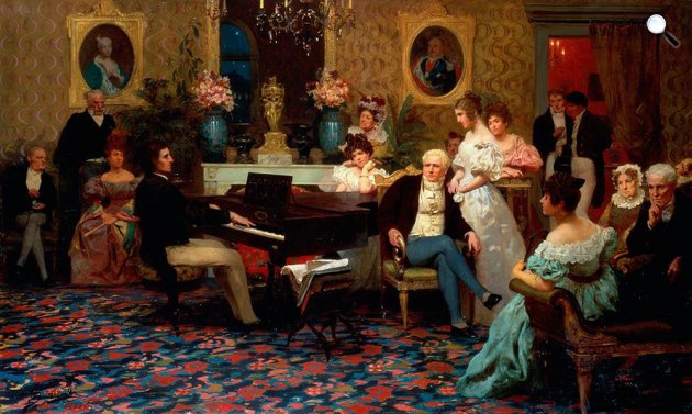 Henryk Siemiradzki: Chopin Radziwill herceg szalonjában zongorázik, 1887 (Fotó: Wikiart)