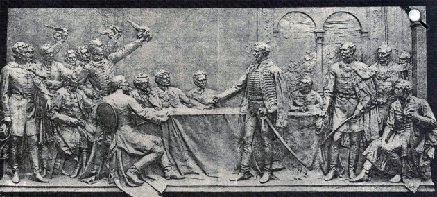 Holló: Barnabás: MTA alapításának emléktáblája; Széchenyi István, Wesselényi Miklós, Vay Ábrahám, Károlyi György (Fotó: OSzK)