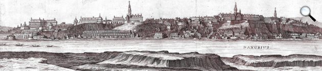 Pest és Buda látképe, III. Károly magyar király budai palotája - Mikoviny Sámuel rézmetszete, 1737 (Fotó: OSZK)