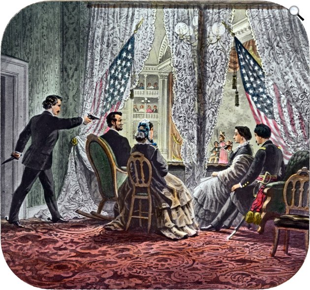 A merénylő John Wilkes Booth, Abraham Lincoln, Mary Todd Lincoln, Clara Harris és Henry Rathbone a Ford\'s Theatre-ban 1865. április 15-én, 1900 körüli kép. (Fotó: Wikipédia)