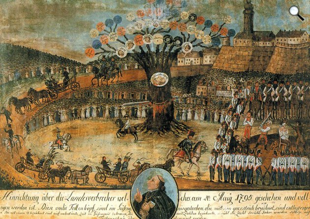 Martinovics és társai kivégzése a Vérmezőn. Egykori szemtanú vízfestménye, 1795. május 20., Buda (Fotó: OSZK)
