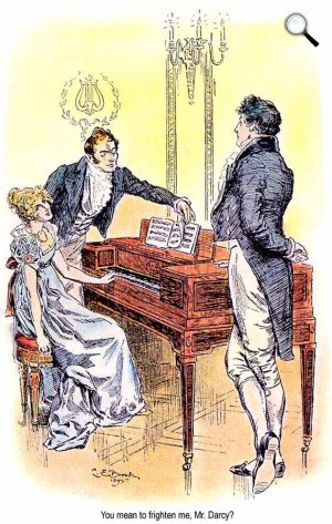 Jane Austen: Büszkeség és balítélet, Elizabeth Benett, Mr. Darcy (C.E. Brock illusztrációja, 1895/Wikimédia)
