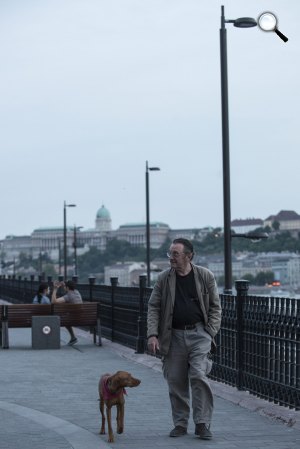 Szacsvay László, a nemzet színésze Budapesten, a Széchenyi rakparton kutyájával (MTI Fotó: Kallos Bea)