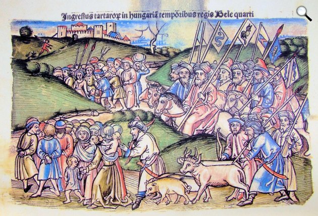 A tatárok betörésének ábrázolása Thuróczi János krónikájában, 1488 (Fotó: MEK/OSZK)