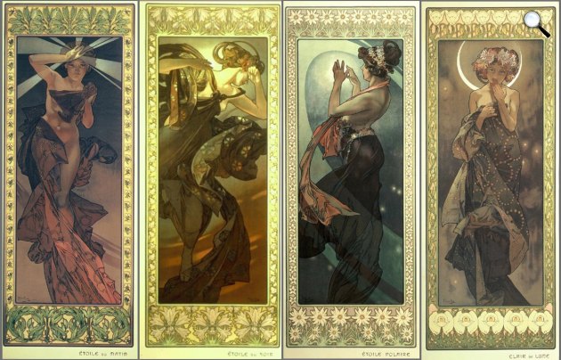 Alfons Mucha: A Hold és a csillagok: Hajnalcsillag, Esthajnal, Sarkcsillag, Hold, 1902 (Fotó: muchafoundation.org)