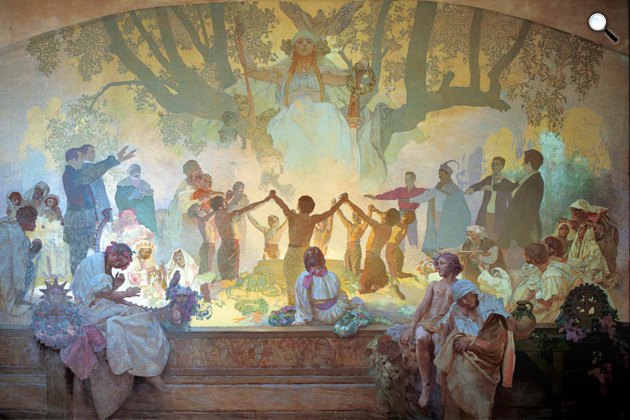 Alfons Mucha: A Szláv eposz 18. képe, Az Omladina társaság esküje a szláv hársok alatt, 1926 (Fotó: Wikiart)