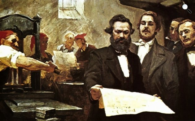 Karl Marx és Friedrich Engels a Neue Rheinische Zeitung nyomdájában (Fotó: Marx-Engels Múzeum, Moszkva)