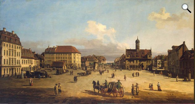 Bernardo Bellotto Canaletto: Drezda látképe, Újváros, piac a városházával, 1750-51 (Fotó: Wikiart)