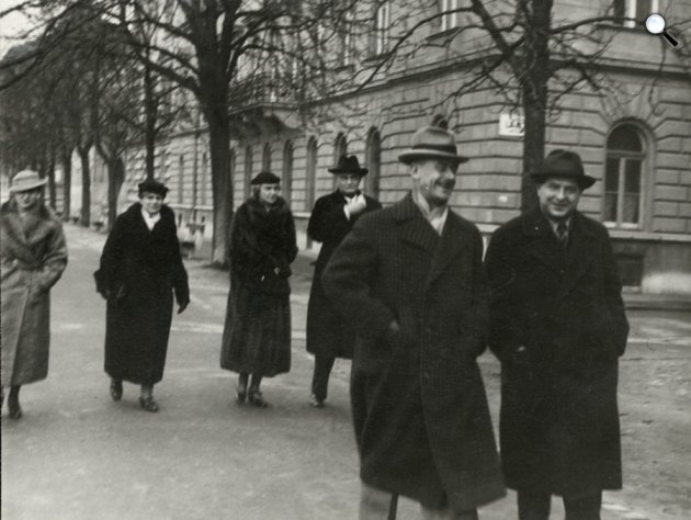 Thomas Mann, Otto Zarek, Thomas Mann felesége, Hatvany Lajosné, Hatvany Lajos és Hatvani Irén, 1935, Budapest (Fotó: PIM/Europeana)