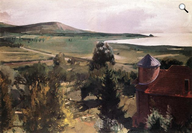 Bernáth Aurél: Balatoni táj tornyos villával, 1953 (Fotó: MNG)