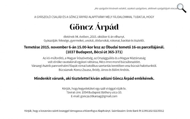Göncz Árpád Alapítvány gyászjelentés