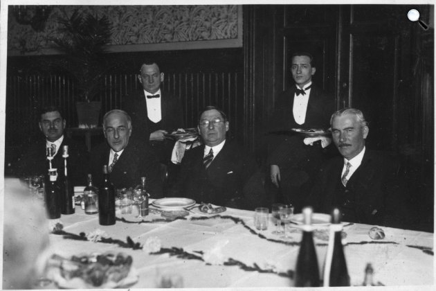 Giuliano Balbino, Klebelsberg Kunó, Hadházy Zsigmond és Belák Sándor a díszebéden, Debrecen, 1929. szeptember 25. (Fotó: nideb.hu)