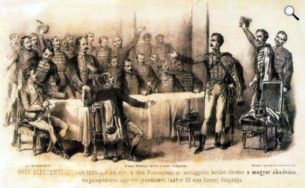 Vinzenz Katzler: Széchenyi István felajánlja birtokainak egyévi jövedelmét egy Tudós Társaság alapítására (litográfia) (Fotó: OSZK)