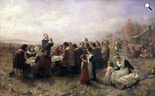 Jennie Augusta Brownscombe: Az első hálaadás Plymouthban, 1914 (Fotó: Pilgrim Hall Museum, Plymouth, Massachusetts)