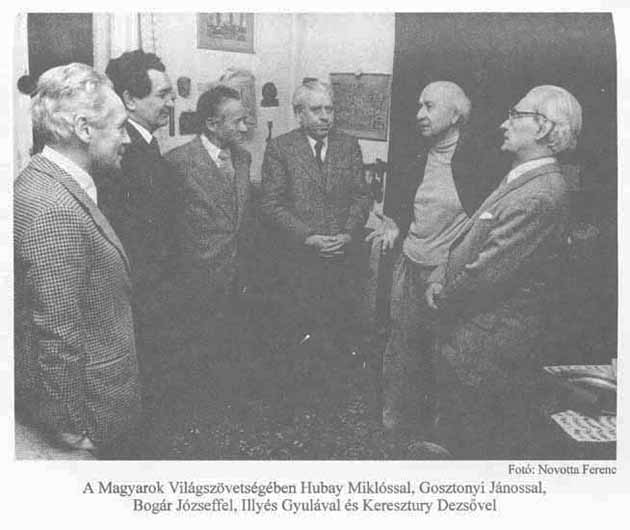 Lőrincze Lajos, Hubay Miklós, Gosztonyi János, Bogár József, Illyés Gyula és Keresztury Dezső a Magyarok Világszövetségében (Fotó: Novotta Ferenc/OSZK)