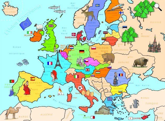 Európa térképe, szimbólumokkal (Fotó: Wikipédia)