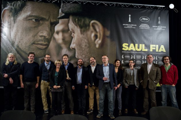 A Saul fia a legjobb idegen nyelvű film kategória jelöltjei között, a Saul fia alkotói (MTI Fotó: Marjai János)