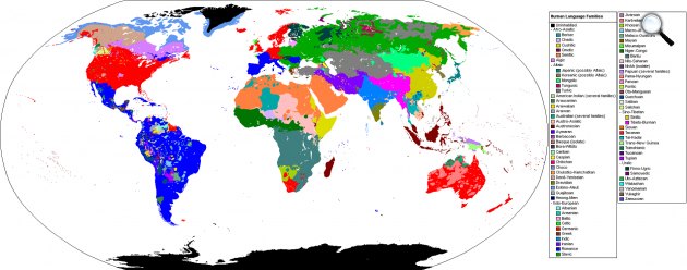 Nyelvcsaládok a világon (Fotó: Wikipédia)
