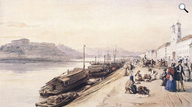 Barabás Miklós: Az Al-Dunasor a görög templommal 1843-ban (Fotó: OSZK)