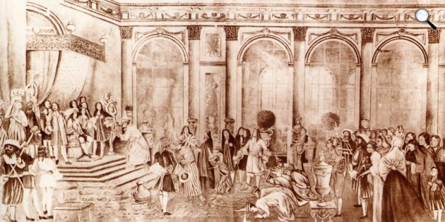 XIV. Lajos francia király a sziámi küldötteket fogadja a versailles-i kastély Tükörtermében, 1686 (Fotó: Wikipédia)