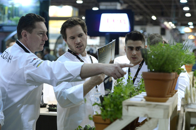 Széll Tamás, a Bocuse d’Or nemzetközi séfverseny magyar résztvevője (k), valamint felkészítője, Vomberg Frigyes (j) és segítője, Szabó Kevin (b), 2016 (MTI Fotó: Kovács Tamás)