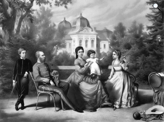 Ferenc József és Erzsébet királyné gyermekeikkel Grassalkovich-kastély parkjában, Gödöllő, 1871 (Fotó: Vasárnapi Ujság)