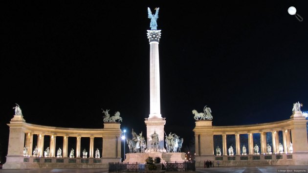 Millenniumi emlékmű a későbbi Hősök terén, a hét vezér szoborcsoporttal, Budapest, (Fotó: Képguru)
