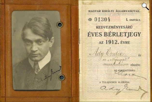 Ady Endre éves bérletjegye az 1912. évre. Magyar Királyi Államvasutak (Fotó: OSZK)