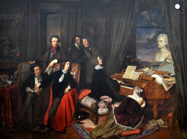 Josef Danhauser: Liszt Ferenc barátainak zongorázik, 1840. A képen Alexandre Dumas, George Sand, Paganini, Marie d'Agoult és Rossini (Fotó: OSZK)