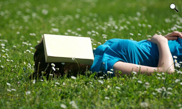 Lány olvasás közben alszik a fűben (Fotó: pixabay.com)