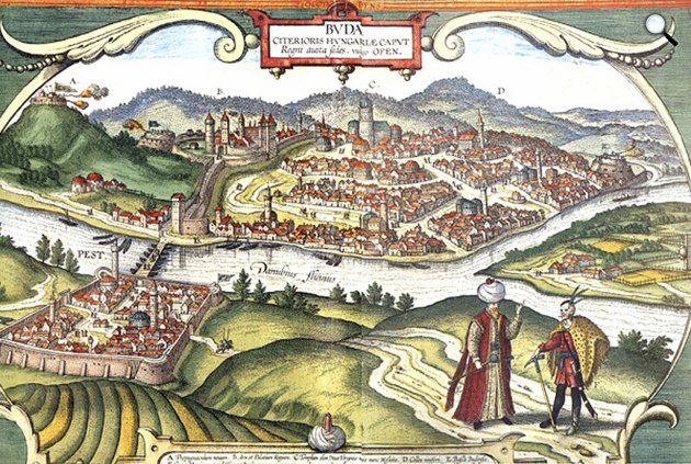 Buda és Pest látképe, 1617 - színezett metszet Braun-Hagenberg: Civitates orbis terranumából (Fotó: Helikon Kiadó)
