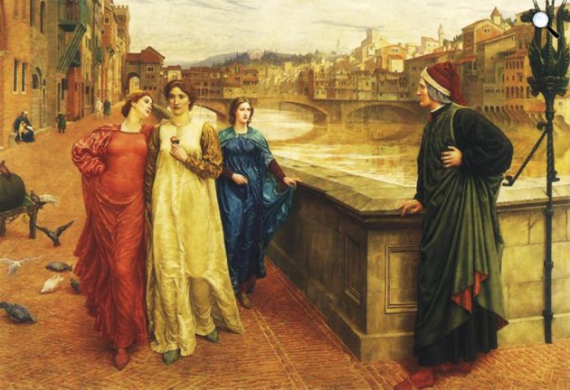 Henry Holiday: Dante első találkozása Beatricével a Ponte Santa Trinita hídnál, 1883 (Fotó: Walker Art Gallery)